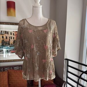 Democracy Taupe Lace Blouse with Pink & Light Blue Floral Embroidery